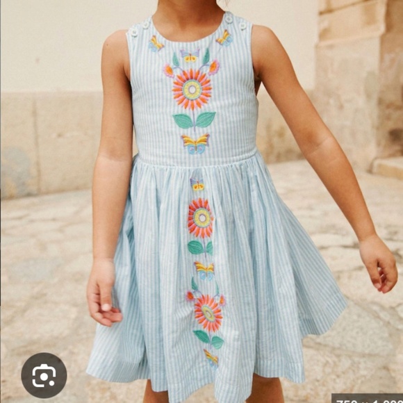 Mini Boden Dress 7-8 Embroidered Floral Cross Back Cotton Stripe Preppy Beach - Picture 7 of 13